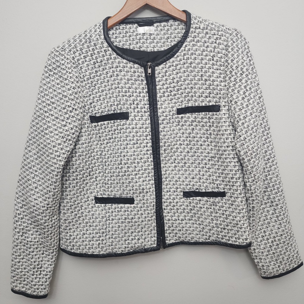 Ecru Tweed‎ Zip Front Jacket Black Cream Faux Leather Trim Size L Professional - Picture 2 of 9
